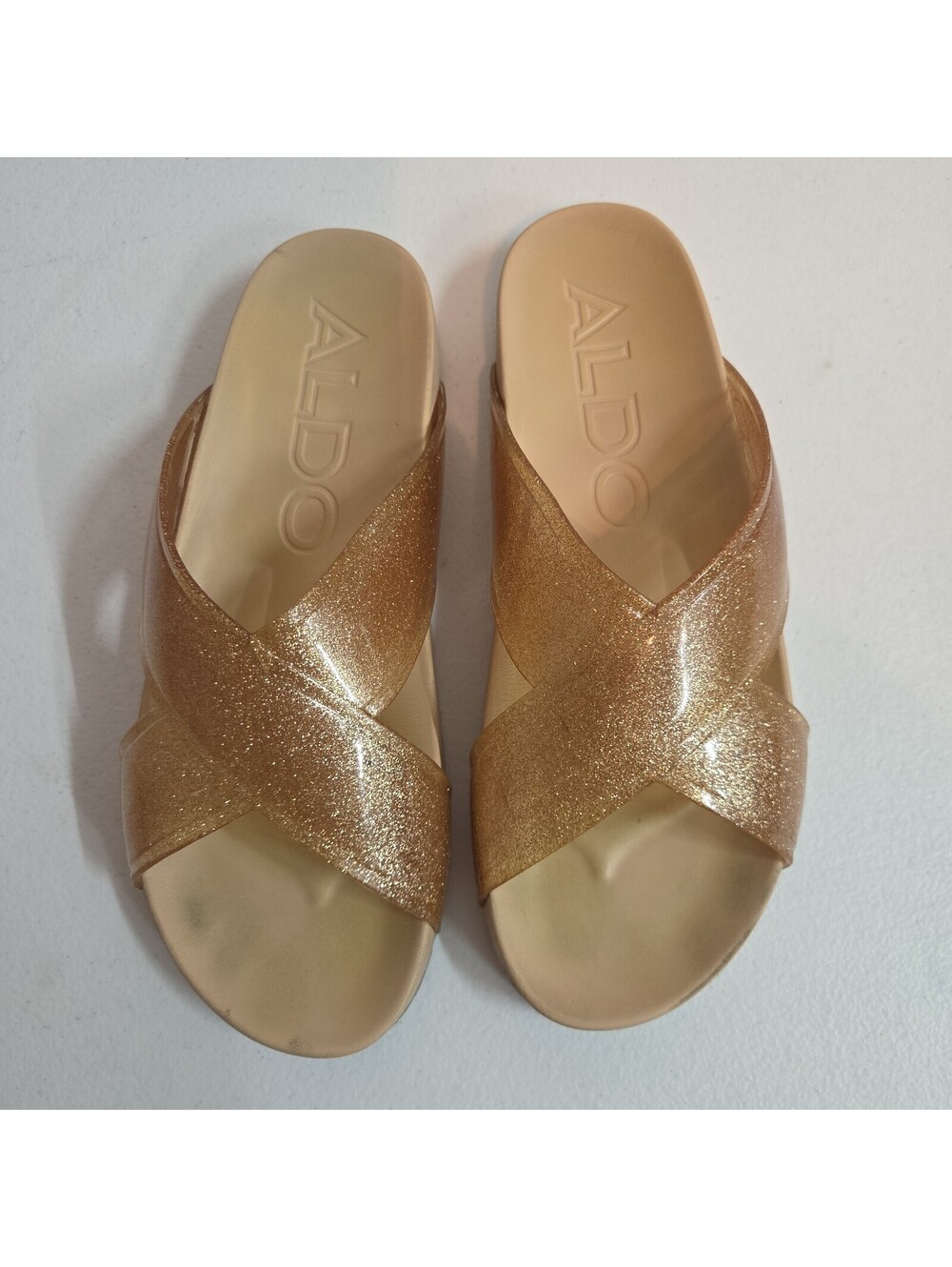 women's gold glitter jelly slide sandals by Aldo size 9